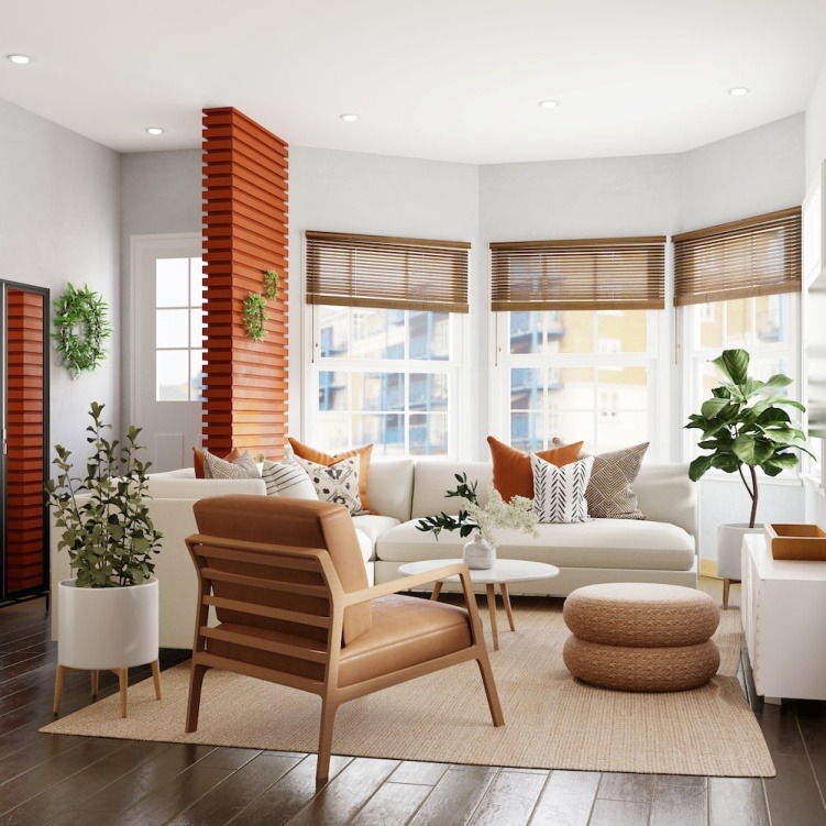 A Bright and Airy Living Room with a Brown, White, and Green Theme, Following Some but Not All Vastu Tips for Homes
